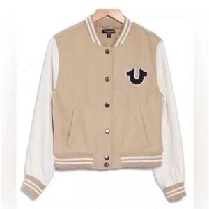 NEW True Religion Tan and White Letterman Jacket with Navy Patch